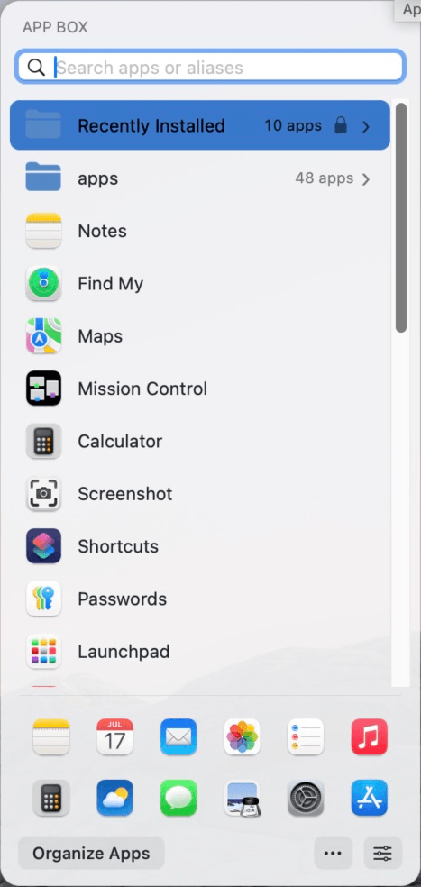 App Box launcher showing apps and the Quick Launch bar