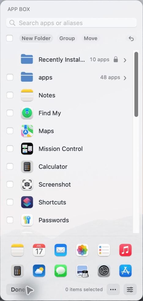 App Box organization view with folders and Quick Launch bar